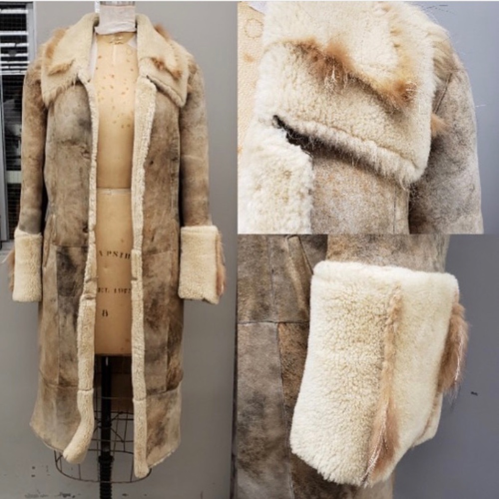 Shearling Long Coat in Cream and Brown - Women Jackets & Coats
